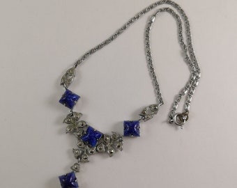 Vintage Art Deco Czech Blue Glass Marcasite Silver Tone Choker Short Necklace 14.5 inch 37 cm