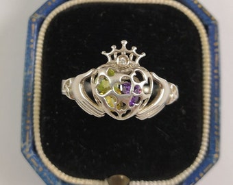 Vintage Sterling Silver Caged Claddagh Ring with Encased Heart Crystals US Size 8 UK P 1/2