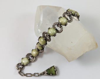 Vintage Signed MIRACLE Scottish Celtic Bracelet: Faux Connemara Marble Green Glass Stones