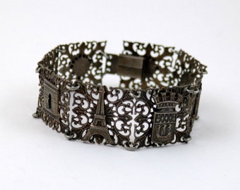 Vintage Filigree Panel Paris Bracelet: Dark Aged Silver Tone, Travel Souvenir, 7 Inches