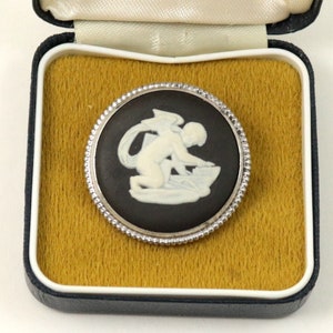 Vintage Boxed Wedgwood Black Jasper Cameo Sterling Silver Brooch, Cupid Sharpening Arrow