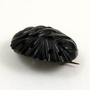 May include: A black carved jet brooch with a floral design and a pin on the back.