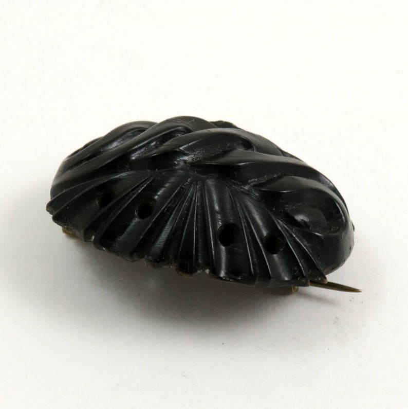 May include: A black carved jet brooch with a floral design and a pin on the back.