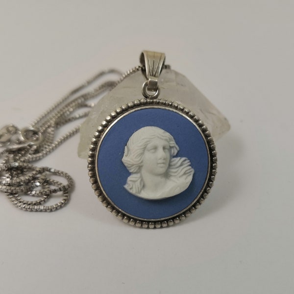 Vintage Wedgwood Necklace Sterling Silver Light Blue Jasperware Muse Cameo Pendant with Chain 17.75" or 45 cm