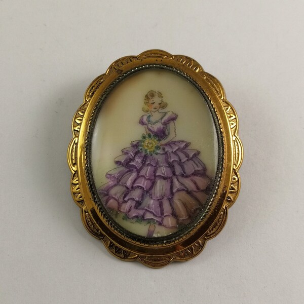 Vintage Art Deco Thomas L Mott TLM Brooch Pin Hand Painted Miniature Crinoline Lady in Purple Dress