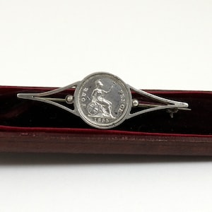 Antique 1855 Britannia Fourpence Silver Coin Bar Brooch with Young Queen Victoria