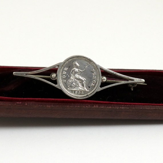 Antique 1855 Britannia Fourpence Silver Coin Bar … - image 1