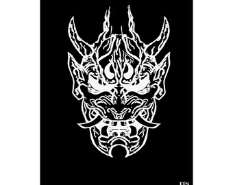 Japanese Mask Matte Vertical Poster | illustration, Black White Wall Art
