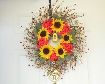 Birdhouse Sunflower wreath Summer wreath Yellow sunflowers & Red Geraniums Birdhouse wreath Door decor Housewarming gift Silk Flower wreath