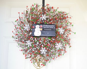 Snowman sign wreath In the Meadow we can build a Snowman Whimsical Christmas wreath Light up Lantern Holiday door Red green white berries