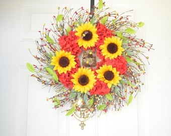 Sunflower Beehive wreath Wispy twig wreath Summer wreath Yellow sunflowers Red geraniums FrontDoor decor Housewarming gift Bee lover wreath