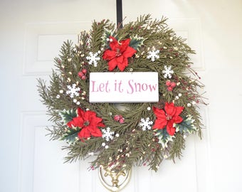 Let It Snow Pine Wreath Artificial Pine Wreath White tin Snowflakes Winter Front Door Decor Christmas wreath Winter wreath