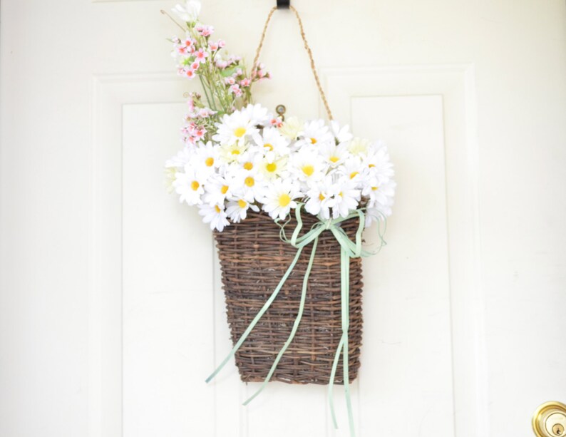 Wall Basket with yellow and white daisies Spring Decor Summer decor Front door decor image 2