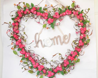 Heart wreath Valentine Heart Wooden Home sign Fuchsia/Hot Pink paper roses Year Round wreath Front door decor Hostess gift Housewarming gift