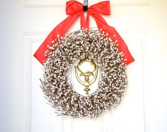 Cream Berry wreath - big red bow - White Christmas - Front Door decoration - Holiday wreath