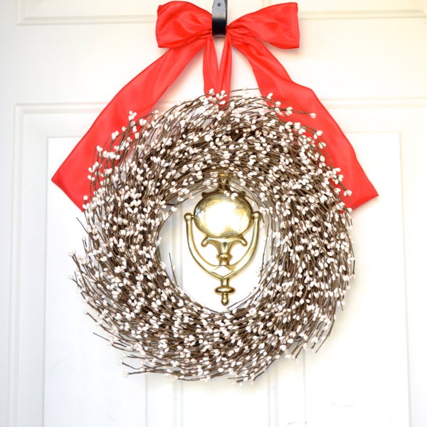 Cream Berry wreath - big red bow - White Christmas - Front Door decoration - Holiday wreath