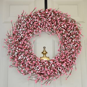 New Pink wreath Spring Summer Wreath All Seasons wreath Easter wreath Front door decor Yellow Berry Wreath Year round decor Grapevine Wreath