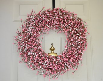 Pink Berry Wreath, Spring Summer Front Door Decor