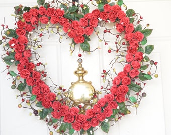 Red Paper Roses Heart shaped Wreath Valentines Day Wedding Heart Front door decor Grapevine Heart All Seasons Heart wreath READY TO SHIP