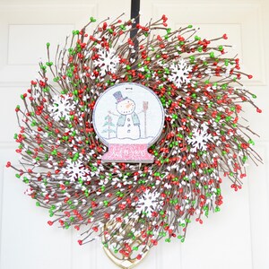 Let It Snow wreath Wood Snow globe Red Green White berries Tin snowflakes Winter front door wreath Christmas/Holiday Party READY TO SHIP!
