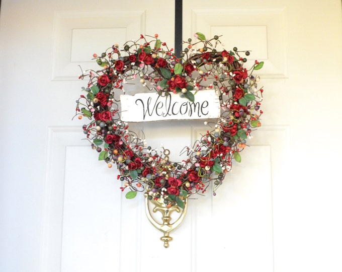 Red Rose Christmas Wreath Heart Wreath Year Round Etsy