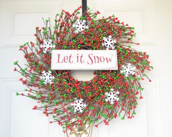 Let It Snow Wreath Red Green Berries White tin Snowflakes Winter Christmas Front Door Decor Christmas wreath Winter wreath