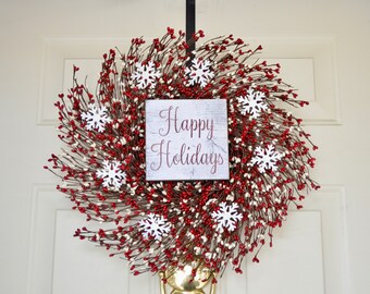Happy Holidays Berry wreath Wood sign wreath Red cream pip berries Tin Snowflakes Holiday Front Door wreath Christmas wreath
