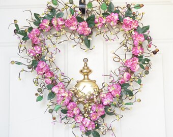 Fuchsia Pink  Paper Flowers Heart Wreath Spring wreath Valentines Day Heart Wedding heart Pretty greenery All Seasons  READY TO SHIP