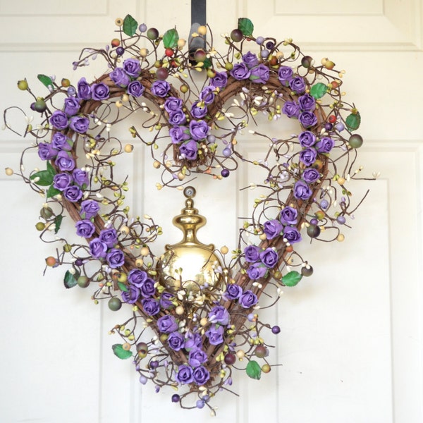 Valentines Day heart  wreath - purple roses - front door decor - Grapevine Heart wreath