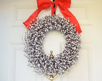White berry wreath - Christmas wreath - Holiday front door decor - red bow