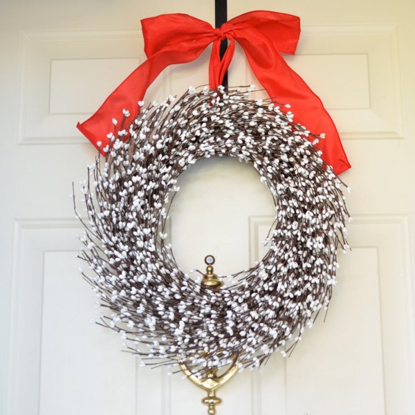 White berry wreath - Christmas wreath - Holiday front door decor - red bow