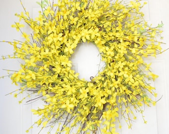 Spring Yellow Forsythia Wreath, Floral Door, Farmhouse Wreath
