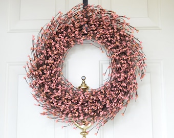 Carnation Pink Spring wreath - Pink Pip berries - front door decoration - year round decor