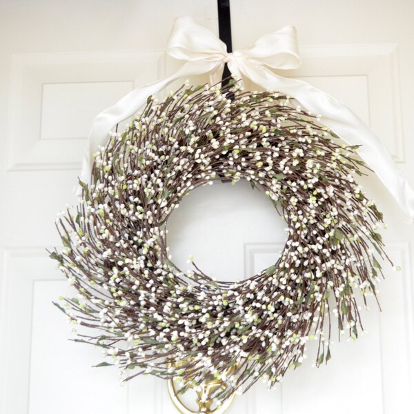 White Wreath - silver glittered white raspberries - Holiday front door decor - White Christmas