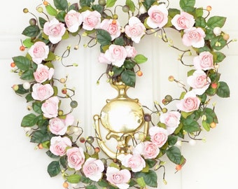 Light Pink Rose Heart Wreath, Spring Summer Decor
