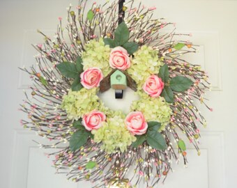 Coral Pink Rose wreath Green hydrangea Fall wreath Birdhouse wreath SpringSummerFall Front Door decor Any occasion wreath READY TO SHIP