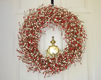 Red Cream Holiday Wreath  - Christmas decor - Pip berry wreath - font door wreath - year round wreath - grapevine