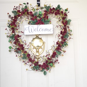 Red Burgundy rose wreath Parchment/Paper rosebuds Welcome sign wreath heart shaped wreath Gift Housewarming Valentines Day decor Mothers Day