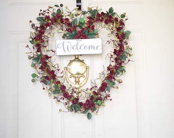 Red Burgundy rose wreath Parchment/Paper rosebuds Welcome sign wreath heart shaped wreath Gift Housewarming Valentines Day decor Mothers Day