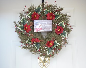 Merry Christmas artificial pine wreath Red glittered poinsettias & holly Holiday Christmas Front Door Decor Holiday party housewarming gift