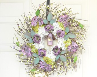 Purple Ranunculus Wreath, Birdhouse & Mushroom Bird, Front Door Decor