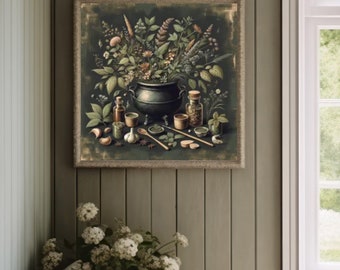 Matte Posters, Green Witch&#39;s Dream Cauldron Print, Herb and Spice Poster, Olive Green Wall Art, Vertical Poster Decor, Kitchen Wall Art