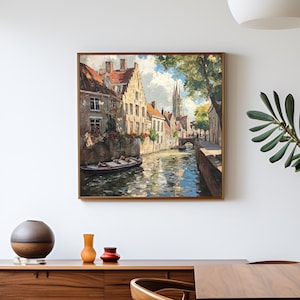 Vertical Posters, Bruges Painting Style Matte Print, Lazy River Boat Wall Art, Architechture Home Decor, Belgium Cityscape Prints, Matte