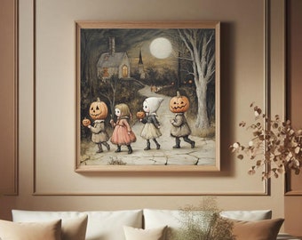 Vintage Halloween Trick-or-Treaters Print, Halloween Wall Art, Adorable Vintage Halloween Art, Creepy Kids Art, Halloween Wall Decor, Folk
