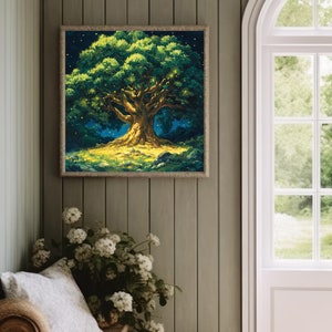 Mana Baum Matte Poster, Secret of Mana Serie Kunstdruck, Vertikale Wandkunst, Glühwürmchen leuchten unter dem Sternenhimmel, Gamer Geschenk, Videospielwand