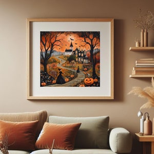 Halloween Folk Art Print, Halloween Decor, Witches and Jack-O-Lanterns, Full Moon Art, Fall Tones, Halloween Home Decor, Haunted House Decor