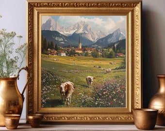 Alpine Landscape Matte Poster, German Alps Wall Art, Cow and Wildflowers Print, Alpine Home Decor, Mountain Scene Art, Travel Wall Decor