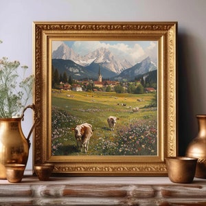 Affiche mate paysage alpin, art mural Alpes allemandes, impression vache et fleurs sauvages, décoration d'intérieur alpine, art de scène de montagne, décoration murale de voyage