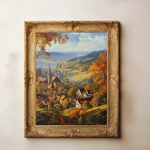 Vertikale Poster, Herbst Deutsches Dorf Landschaft, Matte Wand Kunst, Herbst Dekoration, Rustikale Wand Poster, Mittelalterliches Dorf Kunstdruck