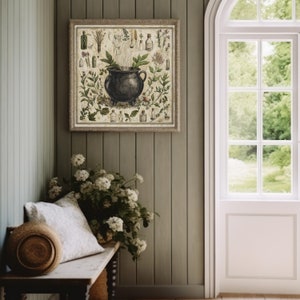 Poster, Antique Cauldron Botanical Print, Green Witch Wall Decor, Matte Art Print, Vintage Style Poster, Witchcraft Poster, Witchy Art